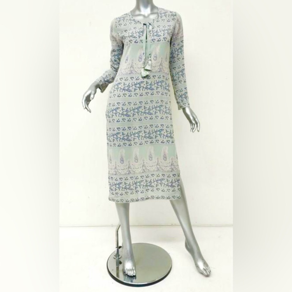 NWT CALYPSO ST. BARTH YOLANI MINT PRINTED SILK DRESS | SIZE XS | SIDE-SLIT MIDI